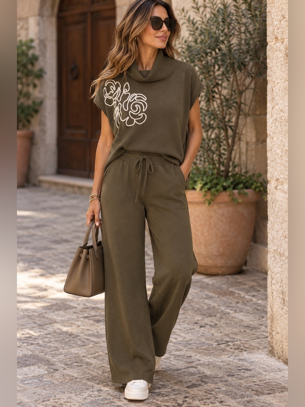 E24. Olive Knit Wide-Leg Two piece set